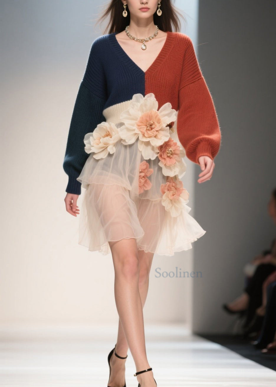 Robe en dentelle fleurie avec col en V et motifs colorés - EasyApparels