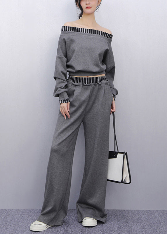 Gracieux deux pièces gris rayé avec pantalon droit élégant - EasyApparels