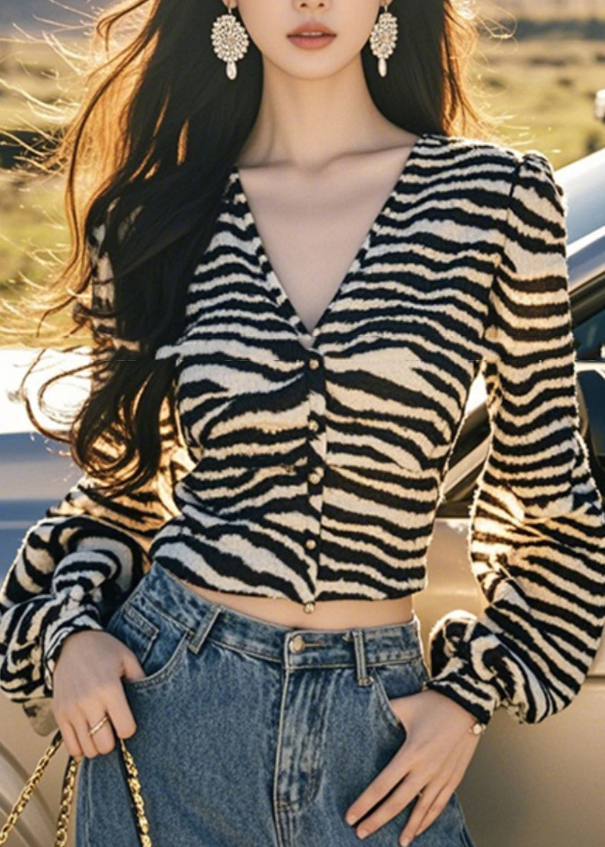 Chic French Leopard Print V Neck Button Top - EasyApparels