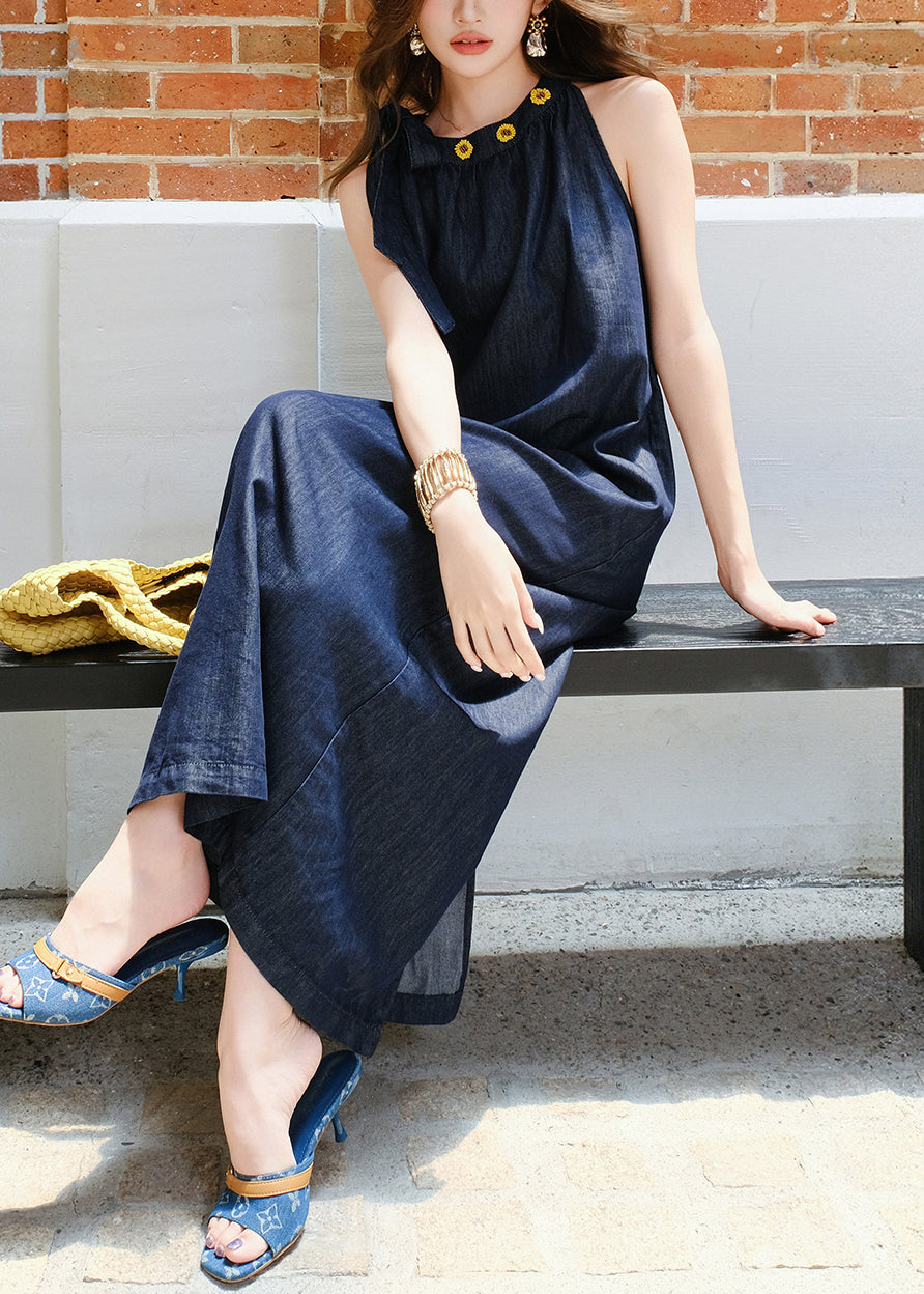 Robe décontractée en denim navy sans manches avec poches - EasyApparels