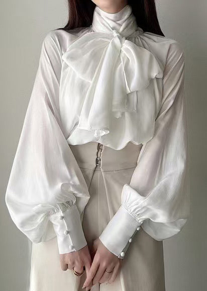 Elegant White Silk Blouse with High Neckline - EasyApparels