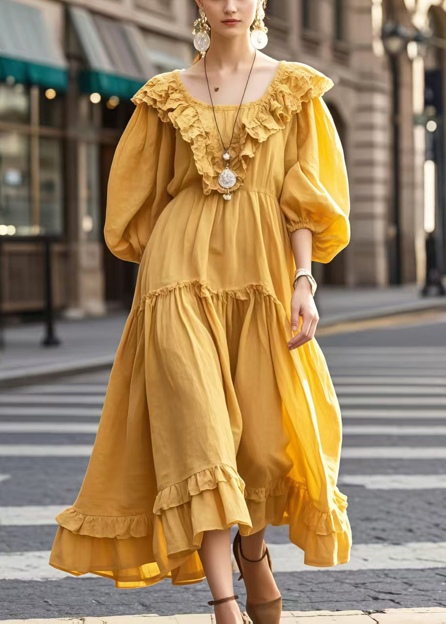 Robe confortable en coton jaune large à manches courtes - EasyApparels