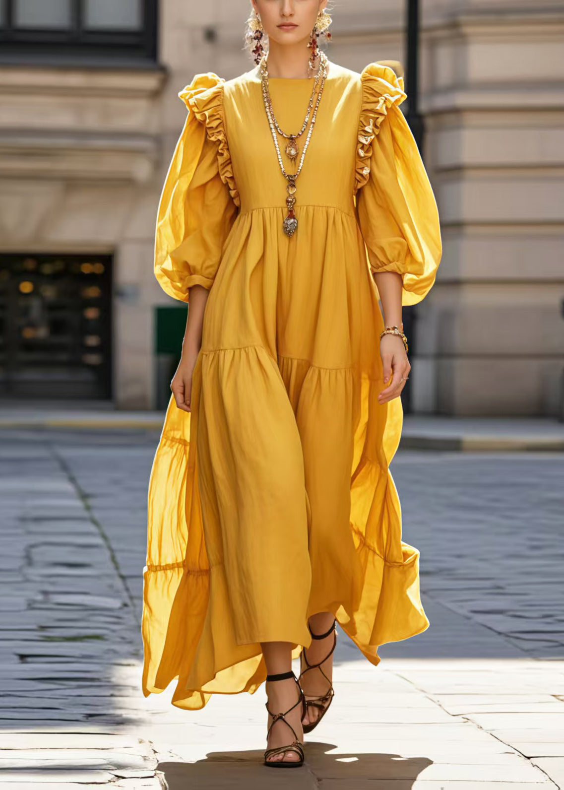 Robe d'été en coton jaune avec volants courtes manches - EasyApparels