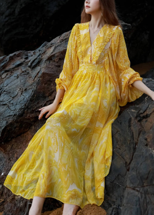 Robe de soirée jaune en soie douce à col V - EasyApparels