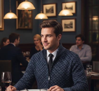 Cardigan Homme Tricot Jacquard Losangé Zippé Col Montant