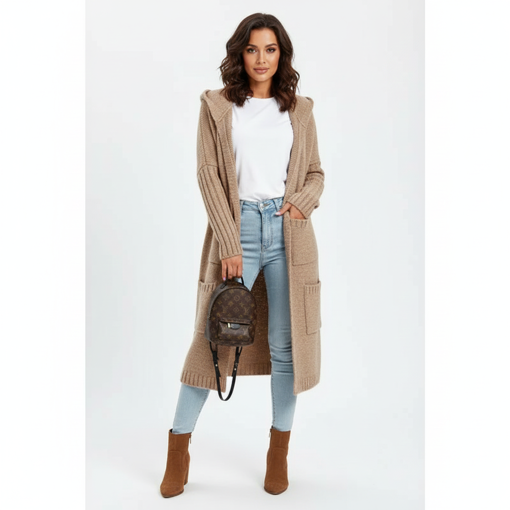 Gilet Femme Élégant – Cardigan Long en Laine Mérinos Douce - PanierRoyale