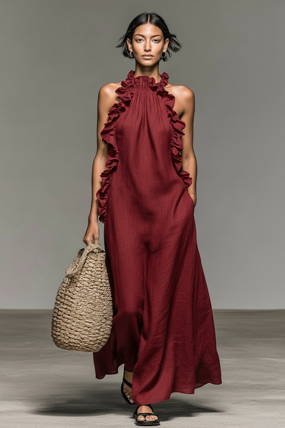 Robe maxi Femme Sans Manches Volants Poches - PanierRoyale