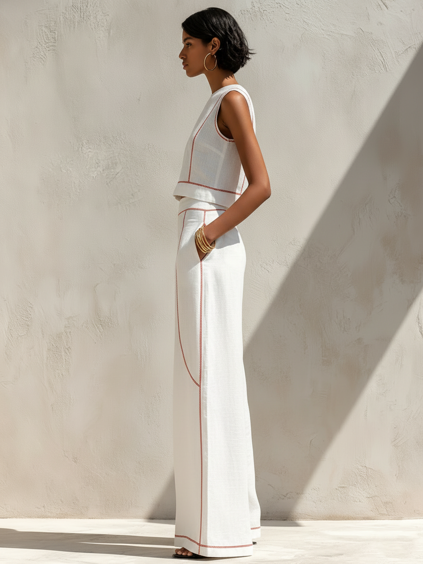 Ensemble Femme Deux Pièces Coton Coutures Contrastées