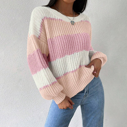 Pull Femme Rayé Rose et Blanc Doux et Chaud