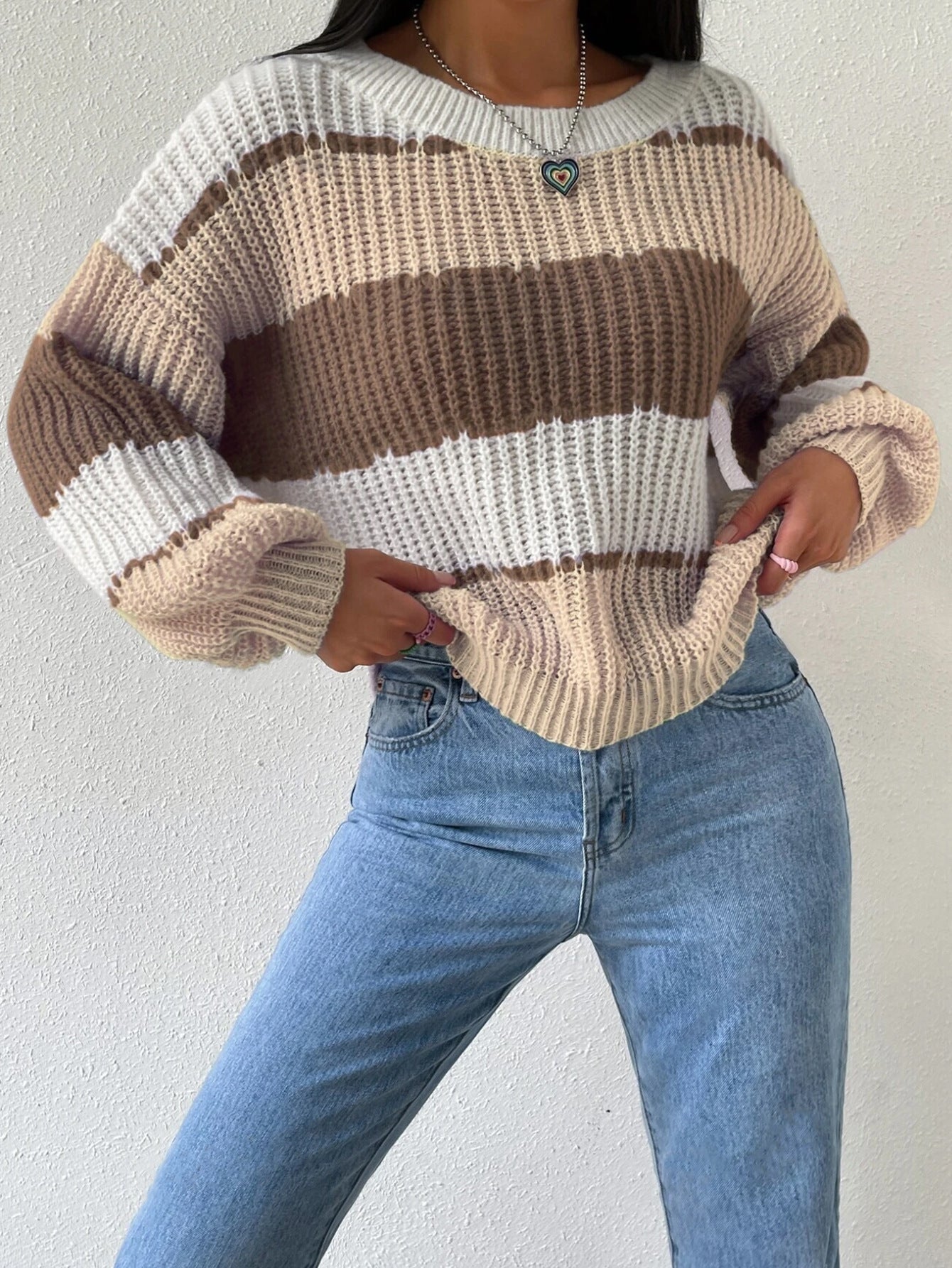Pull Femme Rayé Rose et Blanc Doux et Chaud