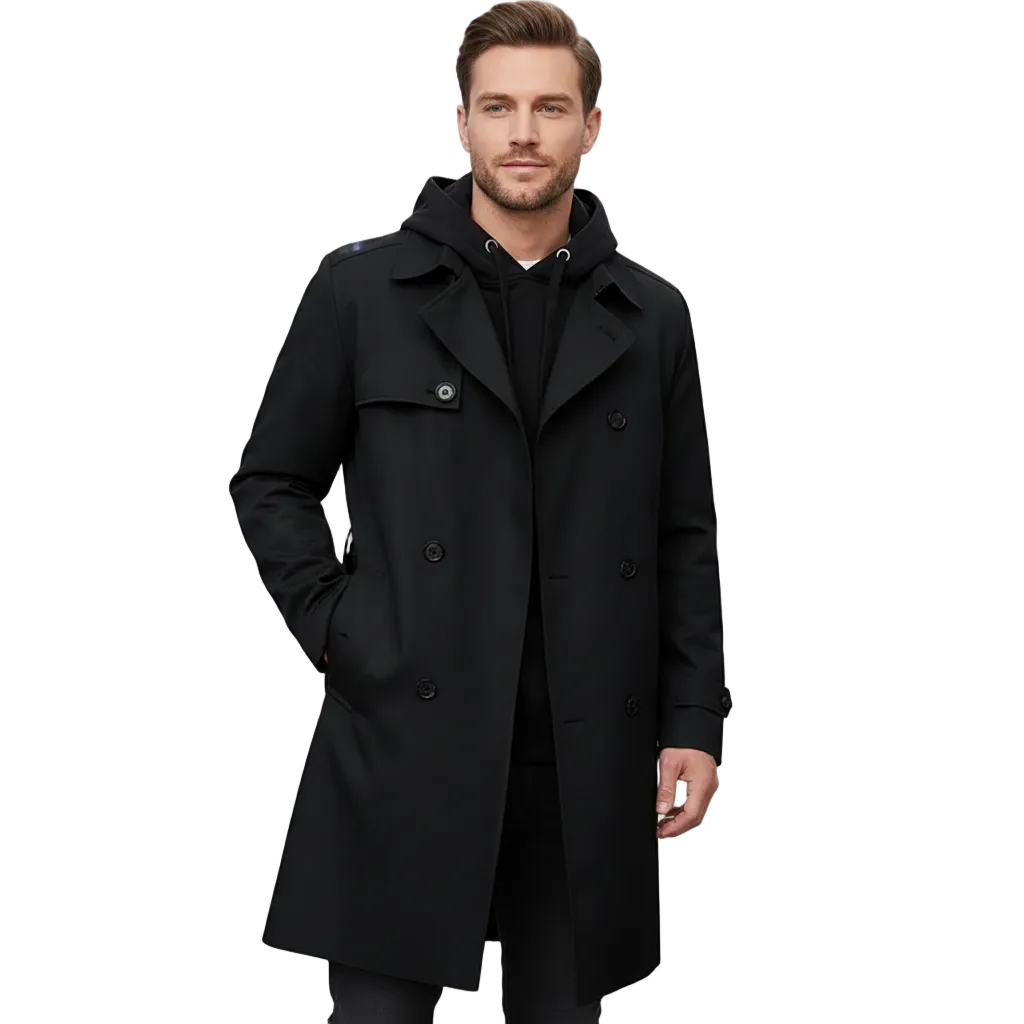Manteau Homme Long Noir avec Ceinture Adjustables - PanierRoyale