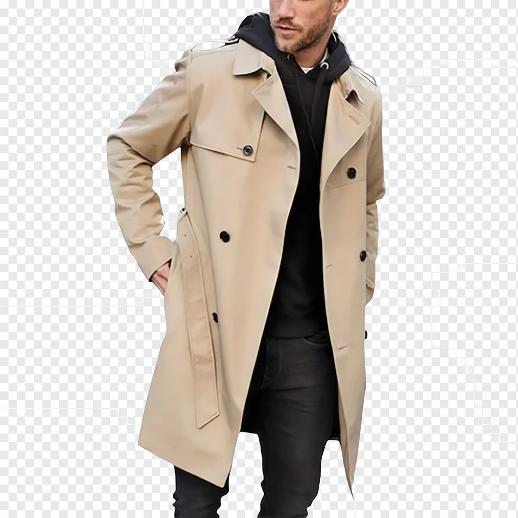 Manteau Homme Long Noir avec Ceinture Adjustables