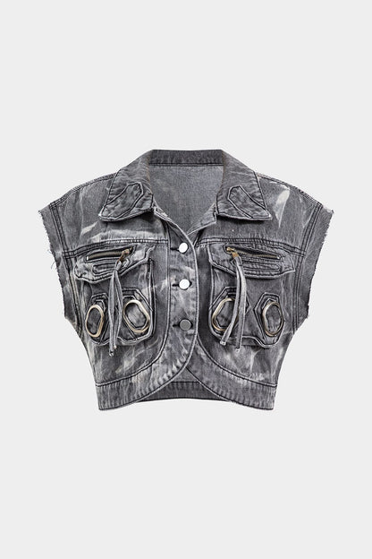 Veste denim croppée grise métallisée style urbain - BerlinGlamour