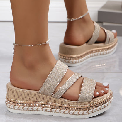 GlamStep™ – Sandales Compensées Femme Élégantes avec Paillettes Roses Confortables
