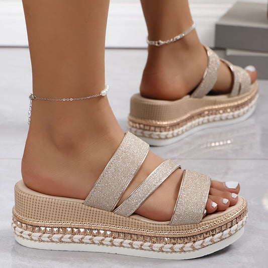 GlamStep™ – Sandales Compensées Femme Élégantes avec Paillettes Roses Confortables