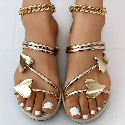 Sandales Femmes à Talons Plats avec Détails Cœur - PanierRoyale
