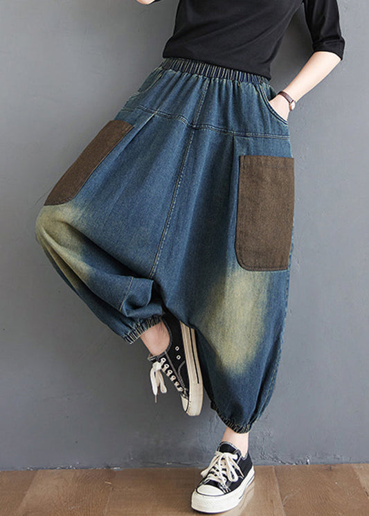Blue Distressed Denim Casual Pants Elastic Waist Summer - EasyApparels