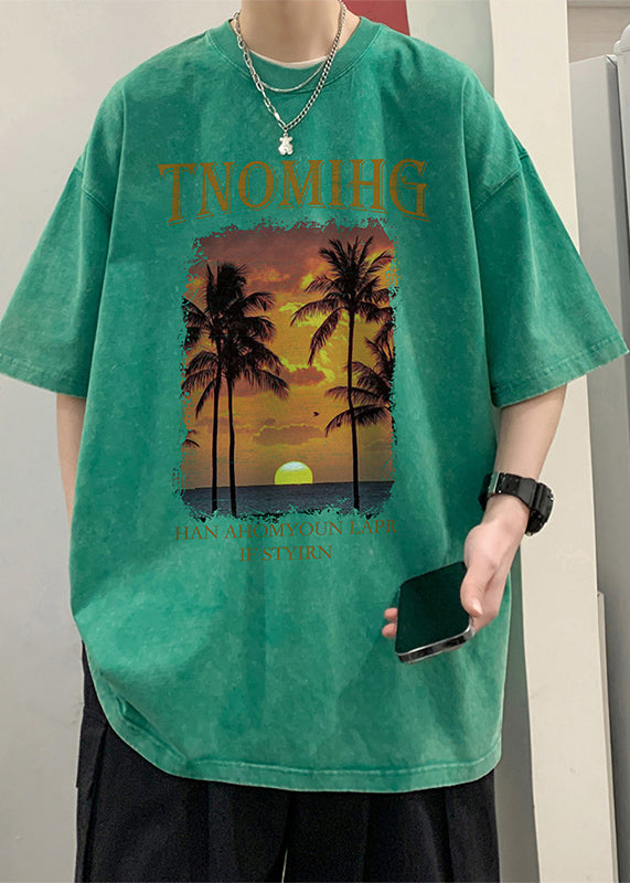 T-shirt hommes coton imprimé lettres vertes col rond - EasyApparels