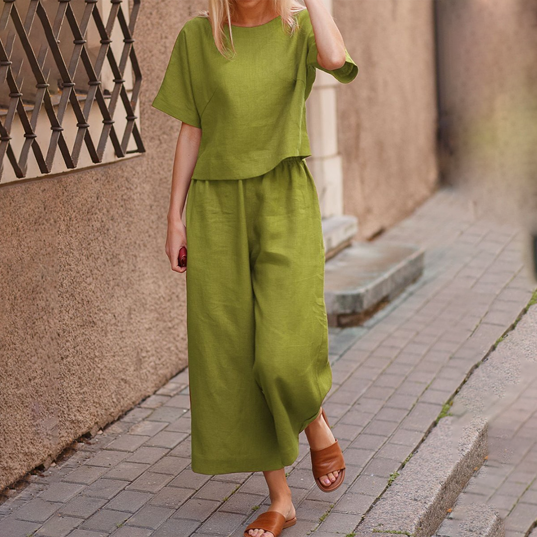 Ensemble Été 2 Pièces pour Femme : Haut Manches Courtes et Pantalon Linéaire Léger