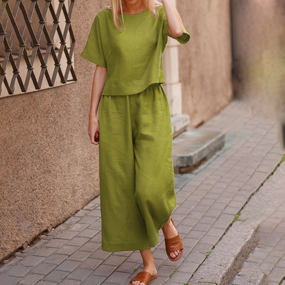 Ensemble Été 2 Pièces pour Femme : Haut Manches Courtes et Pantalon Linéaire Léger