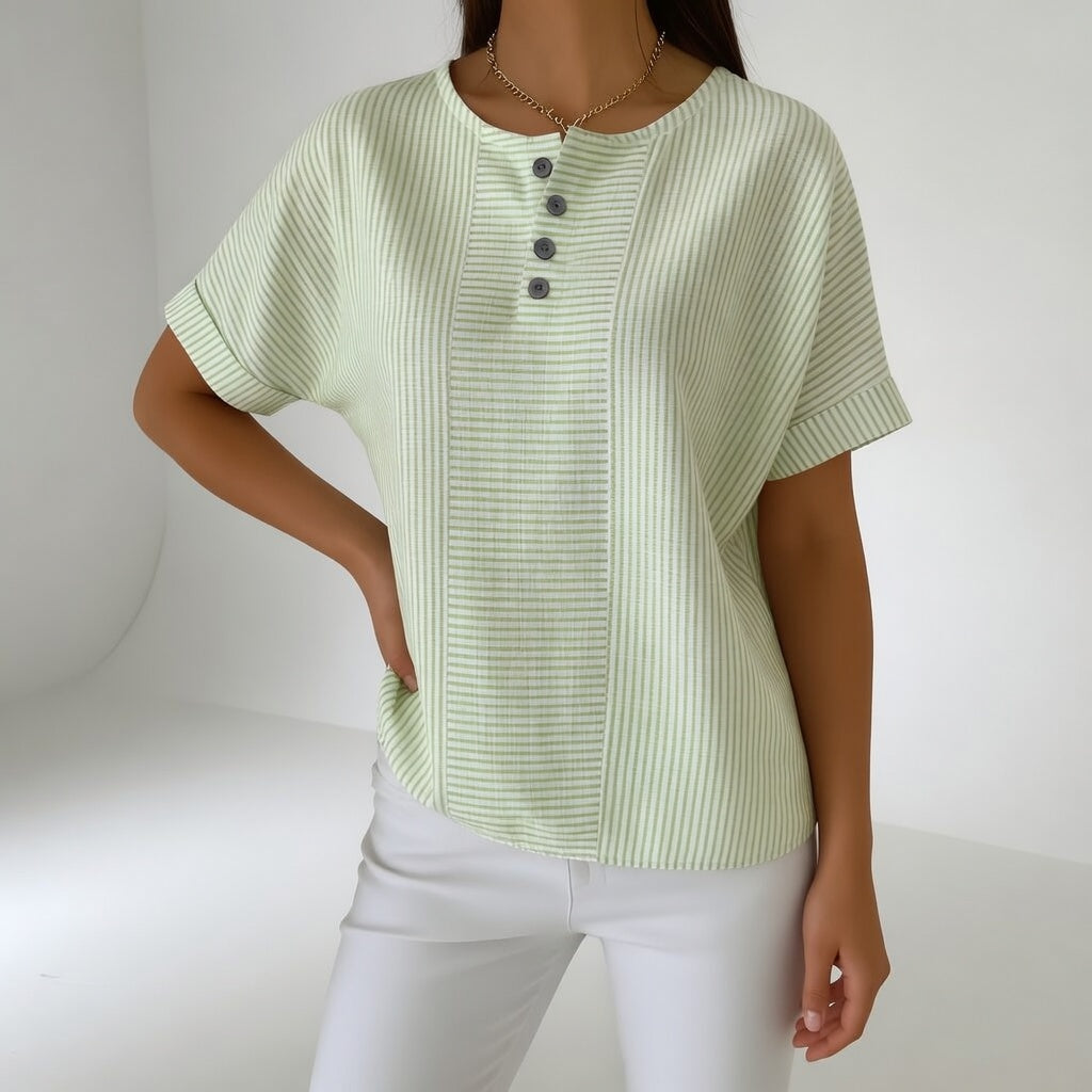 Chemisier Femme Lin Rayé Manches Courtes Col Rond Boutonné