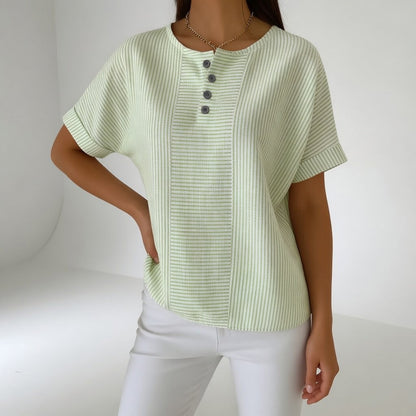Chemisier Femme Lin Rayé Manches Courtes Col Rond Boutonné