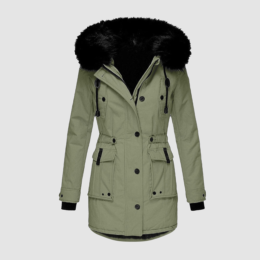 Manteau femme hivernal épais avec capuche fourrure synthétique