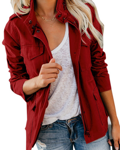 Veste Mi-saison Femme Col Montant Poches Style Utilitaire
