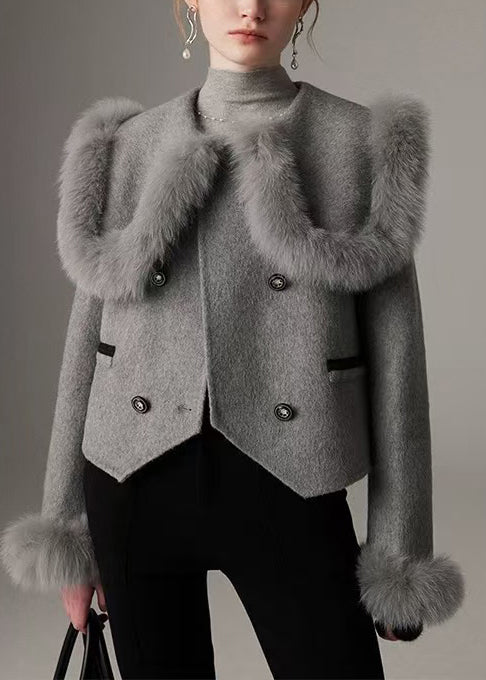 Manteau d'hiver en laine grise épaisse à col Peter Pan - EasyApparels