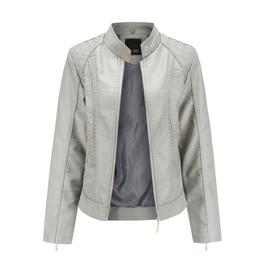 Veste en Cuir pour Femme Élégante avec Col Montant et Fermeture Éclair