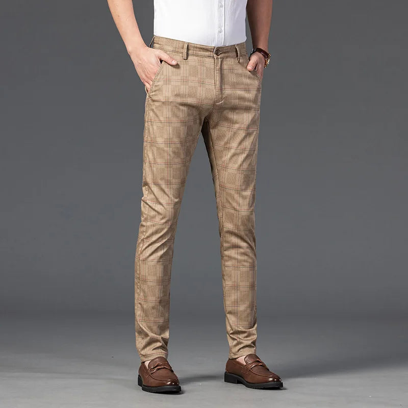 Pantalon Homme Taille Slim Fit Carreaux Élégant