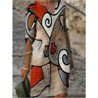 Robe Femme Manches Longues Imprimé Abstrait Élégant