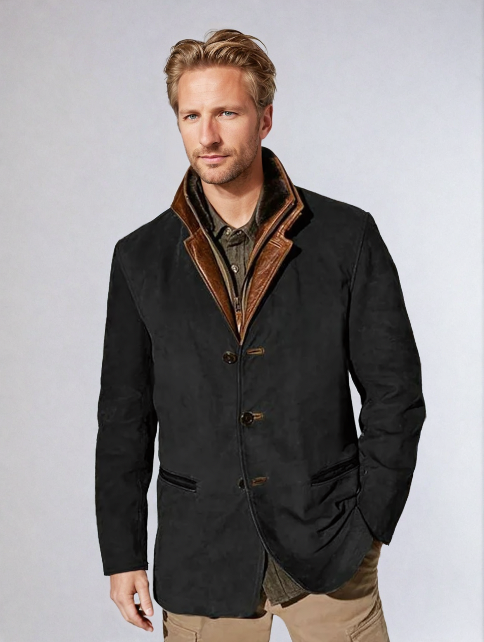 Veste Cuir Homme Brun avec Col Revers Contraste