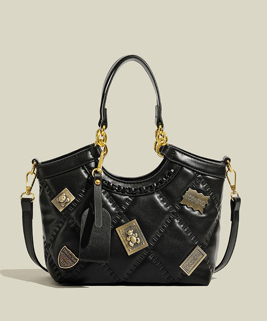 Grand sac à main en cuir noir avec feuilles de métal - EasyApparels