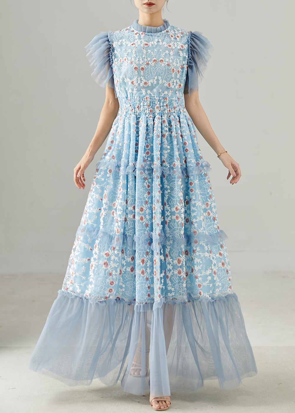 Robe d'été en dentelle bleue brodée main - EasyApparels