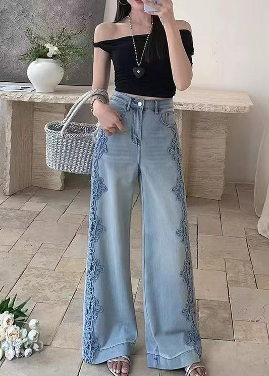 Pantalon déchiré denim brodé bleu fait main pour femme - EasyApparels