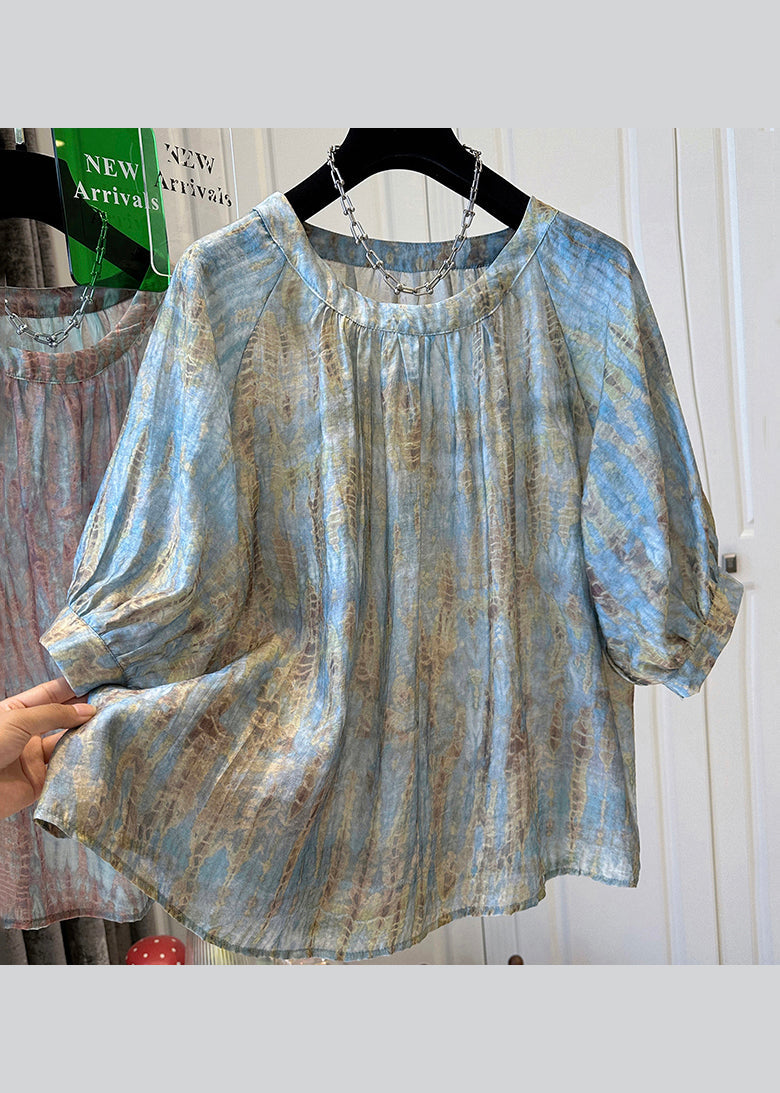 Bleu Main Made Silk Top, Round Neck, Tie Dye Sleeves - EasyApparels