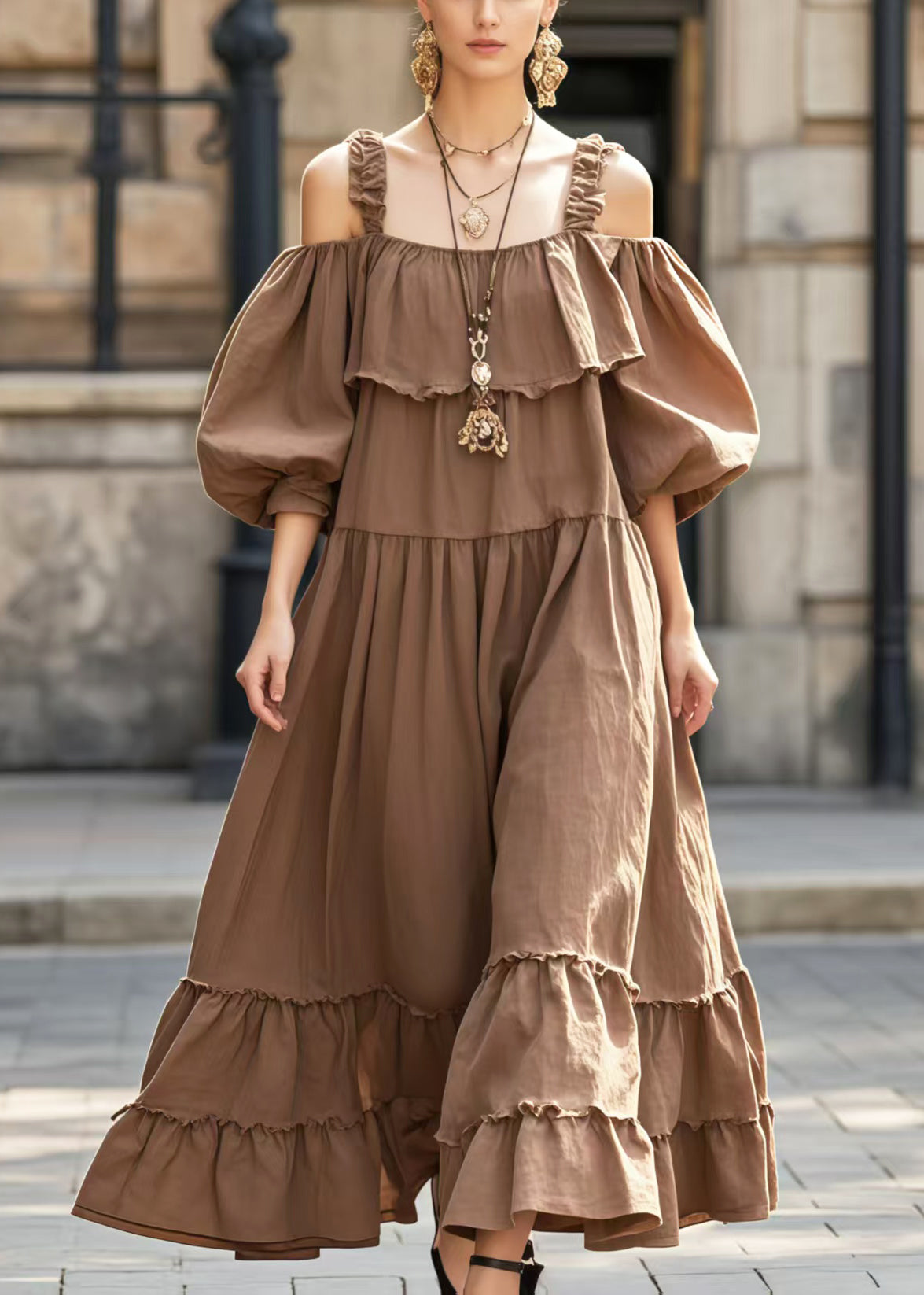 Robe marron en fausses fourrures douce à manches lanternes - EasyApparels