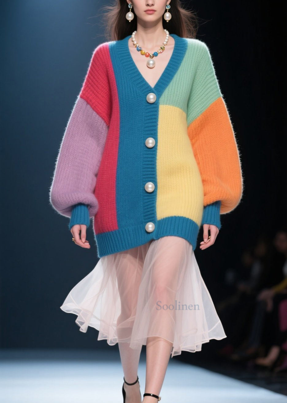 Cardigan patchwork en tricot avec col en V et boutons colorés pour automne - EasyApparels