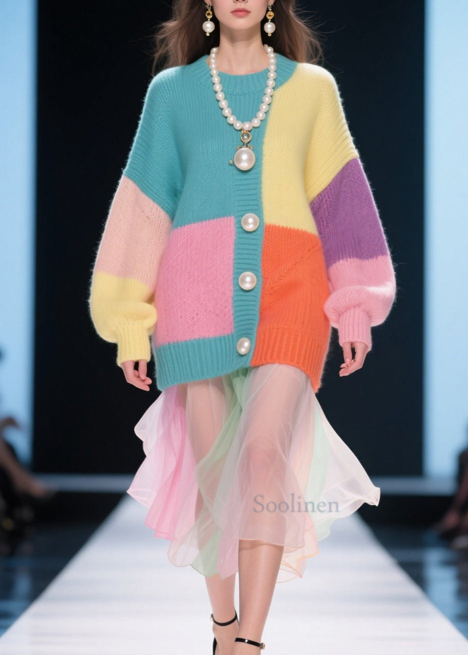 Pulls tricotés colorés patchwork cols ronds pour automne - EasyApparels