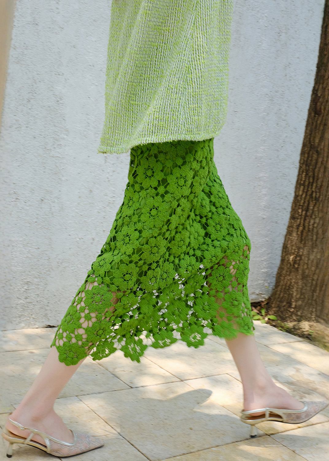 Lace Summer Dress Green Floral Handmade - EasyApparels