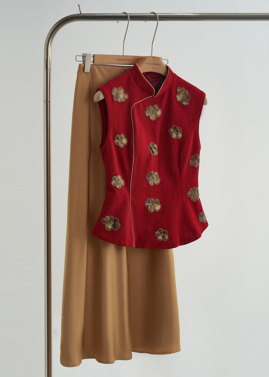 Fleurs Floral Cotton Vest, Mandarin Collar, Mauve Color - EasyApparels