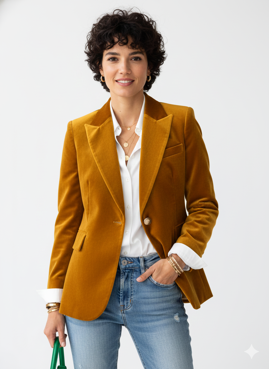Blazer Femme Vert Émeraude Chic avec Boutons Dorés