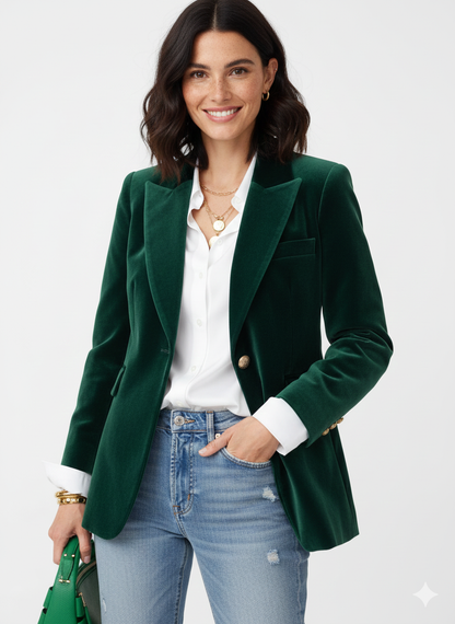 Blazer Femme Vert Émeraude Chic avec Boutons Dorés - PanierRoyale