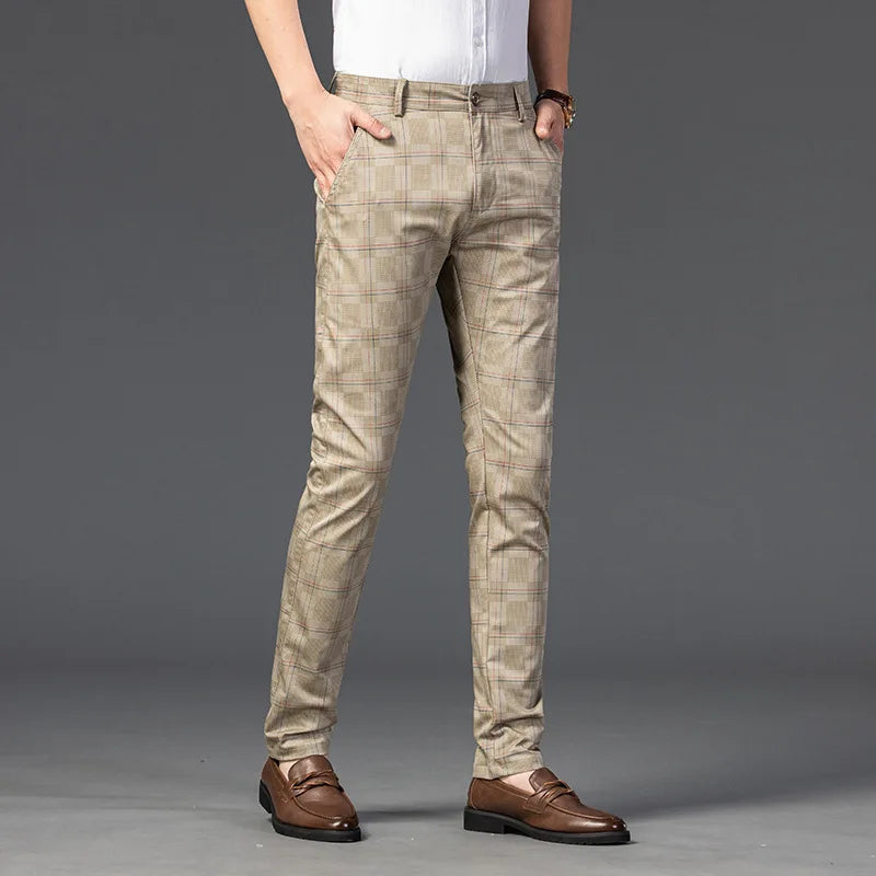 Pantalon Homme Taille Slim Fit Carreaux Élégant