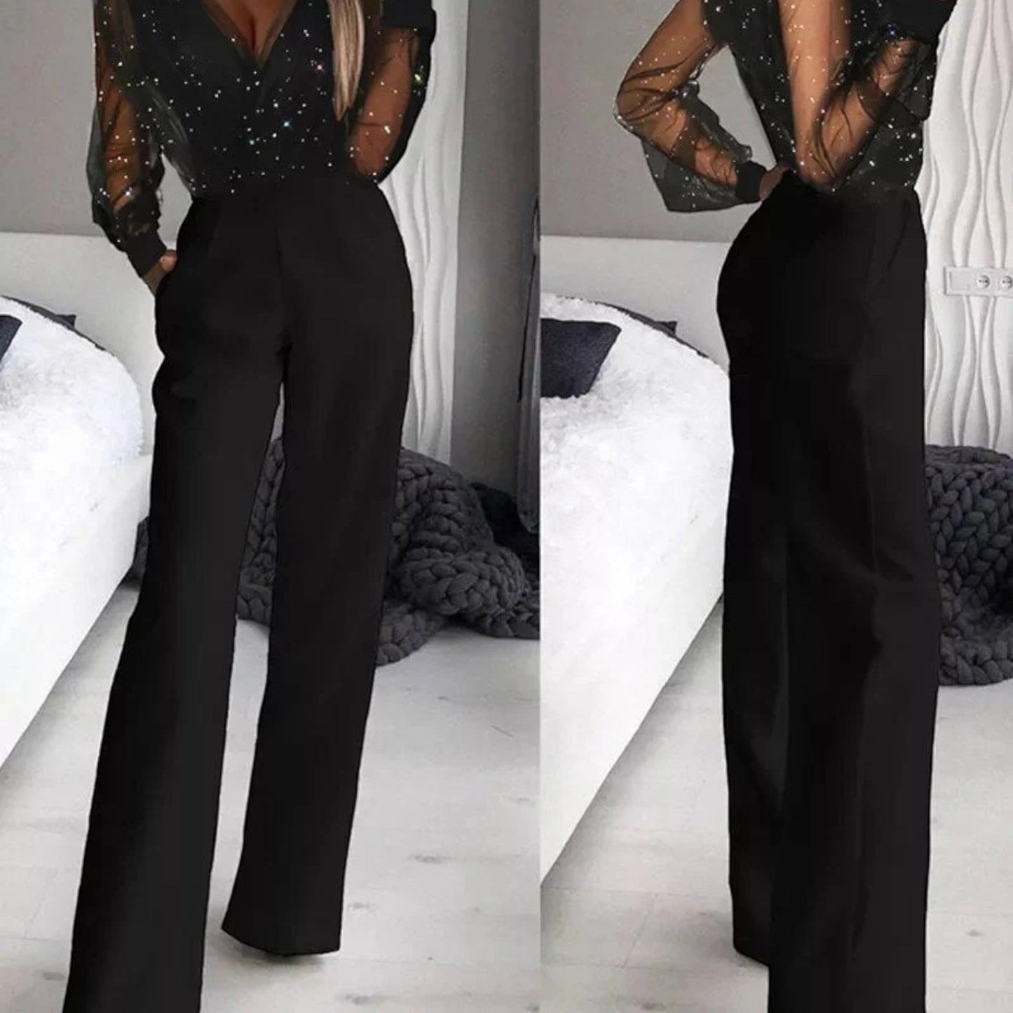 Selena | Combinaison Élégante À Manches Longues Et Col En V Pour Femme