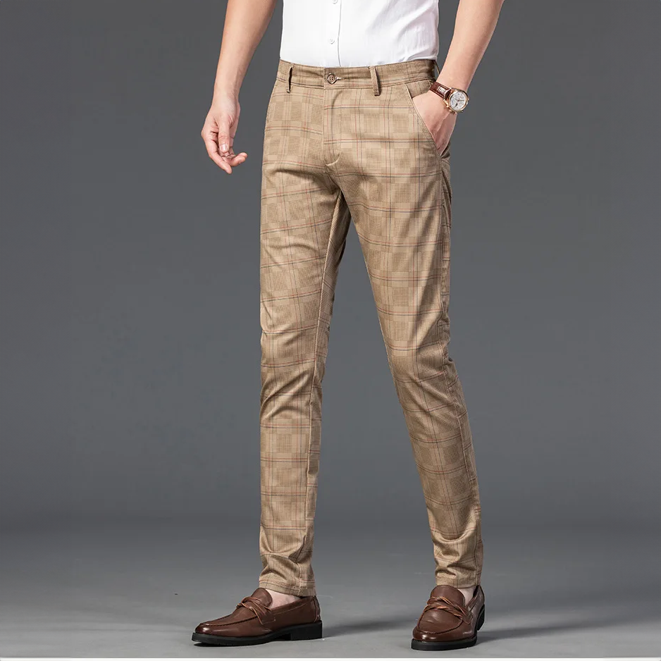 Pantalon Homme Taille Slim Fit Carreaux Élégant