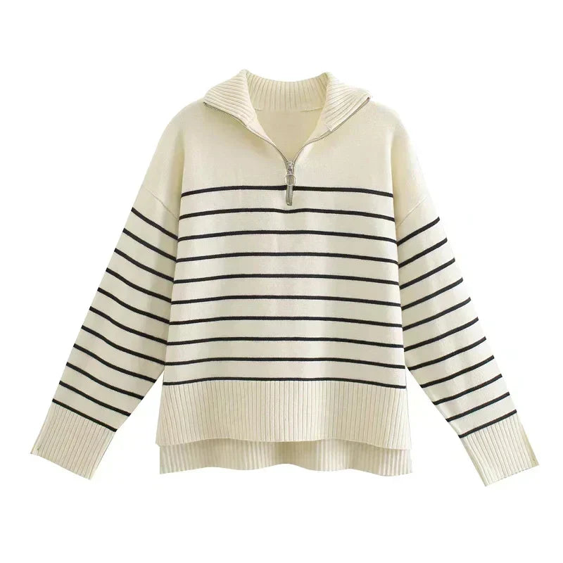 Pull En Laine Rayé Blanc et Noir Zippé - PanierRoyale