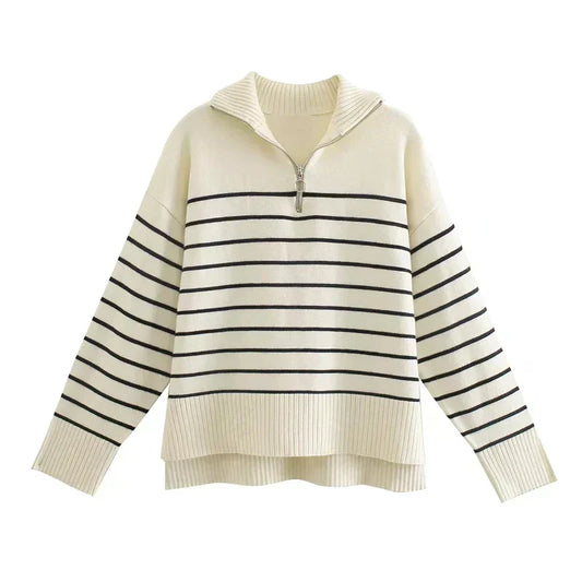 Pull En Laine Rayé Blanc et Noir Zippé - PanierRoyale