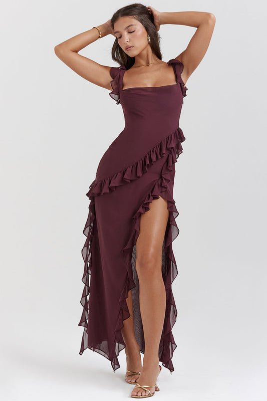 Robe de Soirée Femme Longue en Chiffon avec Col Rond et Fente Arrière - PanierRoyale